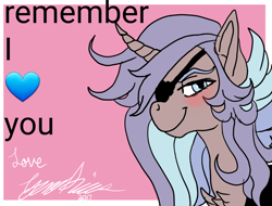 Size: 2048x1556 | Tagged: safe, artist:brainiac, derpibooru import, oc, oc only, pony, unicorn, blushing, bust, cute, eyepatch, female, heart, mare, ponysona, portrait, solo, text