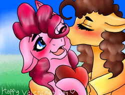 Size: 2048x1556 | Tagged: safe, artist:brainiac, derpibooru import, cheese sandwich, pinkie pie, earth pony, pony, blushing, cheesepie, cute, ears, female, floppy ears, heart, kissing, male, open mouth, shipping, straight, text