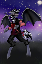 Size: 1000x1515 | Tagged: safe, artist:brainiac, derpibooru import, oc, oc only, oc:ashe, anthro, bat pony, undead, unguligrade anthro, vampire, bat wings, clothes, cute, dancing, ears, female, floppy ears, leather pants, letterman jacket, mare, singing, solo