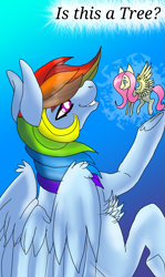 Size: 1279x2145 | Tagged: safe, artist:brainiac, derpibooru import, fluttershy, rainbow dash, pegasus, pony, cute, fluttertree, is this a pigeon, macro, meme, micro