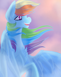 Size: 1679x2145 | Tagged: safe, artist:brainiac, derpibooru import, rainbow dash, pegasus, pony, backlighting, chest fluff, cloud, cute, female, flying, solo