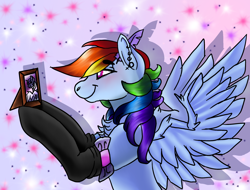 Size: 2048x1556 | Tagged: safe, artist:brainiac, derpibooru import, rainbow dash, twilight sparkle, twilight sparkle (alicorn), alicorn, pegasus, pony, abstract background, blushing, chest fluff, clothes, ear piercing, earring, feather, female, jewelry, lesbian, mare, out of character, picture, picture frame, piercing, ribbon, shadow, shipping, simple background, smiling, socks, solo, spread wings, twidash, wingboner