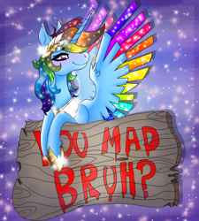 Size: 1800x2000 | Tagged: safe, artist:brainiac, derpibooru import, rainbow dash, alicorn, pony, colored wings, colored wingtips, cute, female, galaxy, glitter, jewelry, laurel wreath, mare, meme, princess rainbow dash, race swap, rainbowcorn, sign, solo, sparkles, text, you mad bro