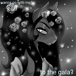 Size: 1040x1040 | Tagged: safe, artist:brainiac, derpibooru import, oc, oc only, oc:brainiac, pony, black and white, blushing, clothes, flower, gala, gala invitation, glitter, grayscale, male, monochrome, ponytail, solo, sparkles, stallion, suit, text, tuxedo