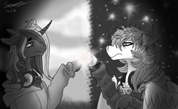 Size: 1550x950 | Tagged: safe, artist:brainiac, derpibooru import, oc, oc only, oc:hunters moon, oc:rose sniffer, pegasus, pony, unicorn, black and white, chest fluff, clothes, ears, female, floppy ears, grayscale, hoodie, jacket, lesbian, monochrome, piercing, unshorn fetlocks, wing fluff