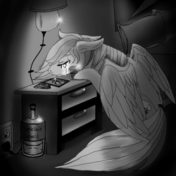 Size: 1550x1550 | Tagged: safe, artist:brainiac, derpibooru import, rainbow dash, twilight sparkle, twilight sparkle (alicorn), alicorn, pegasus, pony, alcohol, applejack daniel's, bed, bedroom, black and white, crying, ears, electrical outlet, female, floppy ears, glass, grayscale, implied lesbian, implied shipping, implied twidash, lamp, letter, mare, monochrome, outlet, photo, poster, sad, shot glass, solo, us plug