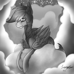 Size: 1550x1550 | Tagged: safe, artist:brainiac, derpibooru import, rainbow dash, pegasus, pony, black and white, cloud, female, grayscale, monochrome, solo, stars