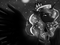 Size: 2048x1556 | Tagged: safe, artist:brainiac, derpibooru import, princess luna, alicorn, pony, beads, black and white, feather, female, fog, grayscale, hairclip, horn ring, jewelry, mare, monochrome, moon, solo, stars, tiara