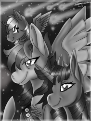Size: 1550x2050 | Tagged: safe, artist:brainiac, derpibooru import, rainbow dash, twilight sparkle, oc, oc:pastel sparkle, alicorn, pegasus, pony, black and white, chest fluff, female, filly, foal, grayscale, lesbian, magical lesbian spawn, meteor shower, monochrome, offspring, parent:rainbow dash, parent:twilight sparkle, parents:twidash, pins, sash, shipping, stars, twidash, twidash lovechild, two toned wings, wing fluff