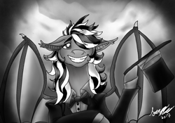 Size: 1996x1396 | Tagged: safe, artist:brainiac, derpibooru import, bat pony, pony, ashe, black and white, clothes, cloud, female, grayscale, hat, mare, monochrome, solo, suit, top hat, tuxedo