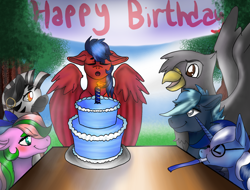 Size: 2048x1556 | Tagged: safe, artist:brainiac, derpibooru import, oc, oc only, griffon, zebra, birthday cake, birthday party, cake, commission, food, group, party