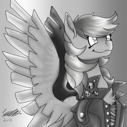 Size: 1736x1736 | Tagged: safe, artist:brainiac, derpibooru import, derpy hooves, pegasus, pony, black and white, chest fluff, clothes, female, grayscale, jacket, leather jacket, mare, monochrome, pins, solo