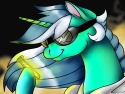 Size: 1600x1200 | Tagged: safe, artist:brainiac, derpibooru import, lyra heartstrings, pony, unicorn, clothes, female, fire, goggles, hoof hold, lab coat, scientist, smiling, solo, test tube, white coat