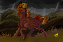 Size: 2800x1900 | Tagged: safe, artist:brainiac, derpibooru import, oc, oc only, oc:calamity, pegasus, pony, fallout equestria, chest fluff, cloud, ears, floppy ears, large wings, male, solo, stallion, wasteland, wing fluff, wings