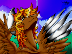 Size: 1600x1200 | Tagged: safe, artist:brainiac, derpibooru import, oc, oc only, oc:calamity, pegasus, pony, fallout equestria, fanfic, fanfic art, freckles, hat, male, mecha wing, single pegasus project, solo, spoiler, stallion, wings