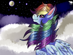 Size: 1600x1200 | Tagged: safe, artist:brainiac, derpibooru import, rainbow dash, pegasus, pony, cloud, female, moon, solo, stars