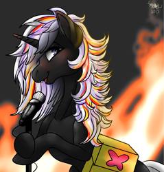 Size: 2100x2200 | Tagged: safe, artist:brainiac, derpibooru import, oc, oc only, oc:velvet remedy, pony, unicorn, fallout equestria, blushing, fanfic, fanfic art, female, fire, fluttershy medical saddlebag, fluttershy reference, horn, mare, medical saddlebag, microphone, saddle bag, solo, wasteland wailers