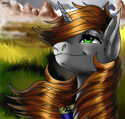 Size: 1050x1000 | Tagged: safe, artist:brainiac, derpibooru import, oc, oc only, oc:littlepip, earth pony, pony, unicorn, fallout equestria, bust, clothes, fanfic, fanfic art, female, field, grass, grass field, horn, mare, solo, vault suit