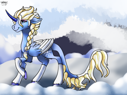 Size: 1400x1050 | Tagged: safe, artist:brainiac, derpibooru import, alicorn, classical unicorn, pony, cloven hooves, crossover, curved horn, elsa, eyeshadow, female, frozen, frozen (movie), leonine tail, makeup, mare, ponified, solo, two toned wings, unshorn fetlocks, wing fluff