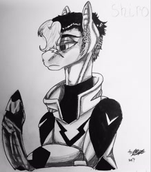 Size: 2577x2941 | Tagged: safe, artist:brainiac, derpibooru import, oc, oc only, pony, clothes, crossover, ear fluff, ears, grayscale, monochrome, scar, shiro, solo, traditional art, voltron