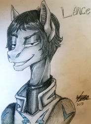 Size: 2434x3305 | Tagged: safe, artist:brainiac, derpibooru import, pony, clothes, lance, smiling, smirk, solo, traditional art, voltron, weapon