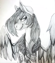 Size: 2233x2525 | Tagged: safe, artist:brainiac, derpibooru import, oc, oc only, oc:liftan drift, pegasus, pony, bomber jacket, clothes, female, mare, monochrome, patches, solo, traditional art