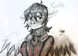 Size: 3053x2181 | Tagged: safe, artist:brainiac, derpibooru import, clothes, crossover, keith, solo, text, traditional art, voltron