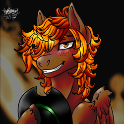 Size: 1200x1200 | Tagged: safe, artist:brainiac, derpibooru import, oc, oc only, oc:calamity, pegasus, pony, fallout equestria, blushing, clothes, dashite, desperation hat, fanfic, fanfic art, freckles, hat, hooves, male, solo, stallion, teeth, wing fluff, wings