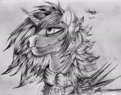 Size: 3103x2446 | Tagged: safe, artist:brainiac, derpibooru import, oc, oc only, oc:piper, pony, unicorn, fallout equestria, armor, female, mare, raider, raider armor, solo, spikes, traditional art