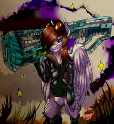 Size: 883x960 | Tagged: safe, artist:brainiac, derpibooru import, oc, oc only, oc:liftan drift, pegasus, pony, fallout equestria, aviator goggles, bfg, bipedal, bomber jacket, branded, cigarette, clothes, female, flash fillies, hoofington reapers, mare, mechanical legs, patches, rainbow blaster, robot legs, shadowbolts, stars, wing fluff, wonderbolts