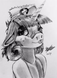 Size: 2442x3315 | Tagged: safe, artist:brainiac, derpibooru exclusive, derpibooru import, oc, oc only, oc:carebear, pony, unicorn, art trade, black and white, female, freckles, grayscale, mare, monochrome, nurse, one eye closed, solo, tongue out, traditional art, wink