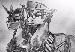 Size: 3370x2328 | Tagged: safe, artist:brainiac, derpibooru exclusive, derpibooru import, oc, oc only, pony, art trade, black and white, clothes, dystopia rising, grayscale, monochrome, ponified, traditional art