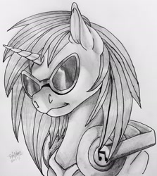 Size: 2441x2735 | Tagged: safe, artist:brainiac, derpibooru import, dj pon-3, vinyl scratch, pony, unicorn, black and white, clothes, female, grayscale, headphones, hoodie, monochrome, solo, sunglasses, traditional art