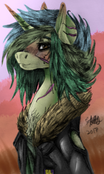 Size: 2296x3838 | Tagged: safe, artist:brainiac, derpibooru import, oc, oc only, oc:piper, unicorn, fallout equestria, blushing, bomber jacket, chest fluff, clothes, female, patch, raider, scar, screws, shirt, solo, wing holes