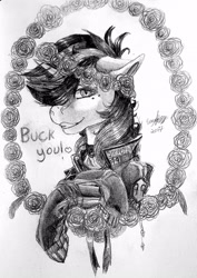 Size: 2301x3242 | Tagged: safe, artist:brainiac, derpibooru import, oc, oc only, oc:blackjack, cyborg, pony, unicorn, fallout equestria, fallout equestria: project horizons, black and white, chest fluff, clothes, collar, compact horn, ears, feather, female, floppy ears, floral head wreath, flower, gem, grayscale, mare, monochrome, robot legs, rose, solo, text, traditional art
