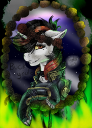 Size: 2301x3198 | Tagged: safe, artist:brainiac, derpibooru import, oc, oc only, oc:blackjack, cyborg, pony, unicorn, fallout equestria, fallout equestria: project horizons, balefire, chest fluff, clothes, collar, compact horn, dead flowers, ears, feather, female, floppy ears, flower, gem, mare, robot legs, rose, screws, solo, stars, text