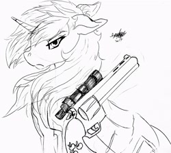 Size: 2862x2557 | Tagged: safe, artist:brainiac, derpibooru import, oc, oc only, oc:littlepip, pony, unicorn, fallout equestria, black and white, clothes, ears, fanfic, fanfic art, female, floppy ears, glowing horn, grayscale, gun, handgun, horn, ink, inktober, inktober 2017, levitation, little macintosh, magic, mare, monochrome, optical sight, revolver, simple background, solo, telekinesis, traditional art, vault suit, weapon, white background