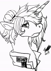 Size: 2433x3369 | Tagged: safe, artist:brainiac, derpibooru import, oc, oc only, oc:gin rummy, unicorn, black and white, chest fluff, clothes, ears, female, floppy ears, grayscale, inktober, inktober 2017, mare, monochrome, solo, traditional art