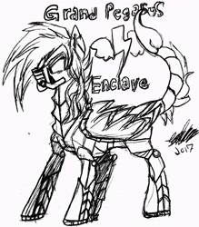 Size: 2592x2956 | Tagged: safe, artist:brainiac, derpibooru import, oc, oc only, oc:liftan drift, pegasus, pony, fallout equestria, armor, black and white, enclave, enclave armor, female, grand pegasus enclave, grayscale, inktober, inktober 2017, mare, monochrome, power armor, respirator, simple background, solo, traditional art, white background