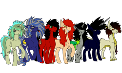 Size: 1500x900 | Tagged: safe, artist:brainiac, derpibooru import, oc, oc only, oc:brush stroke, oc:moonshine, oc:naveah, oc:piper, oc:scavenged compass, changeling, earth pony, kirin, pony, unicorn, fallout equestria, 2018 community collab, black butler, changeling oc, derpibooru community collaboration, female, glasses, grell sutcliff, half changeling, male, mare, pregnant, raider, raised hoof, red and black oc, scar, scavenger, simple background, stallion, transparent background, white changeling