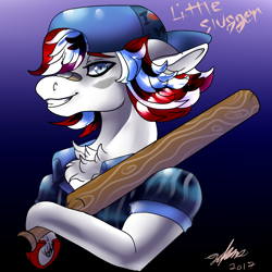 Size: 1024x1024 | Tagged: safe, artist:brainiac, derpibooru import, oc, oc only, oc:little slugger, bandage, baseball bat, chest fluff, clothes, face paint, fallout equestria:lonesome airwaves, female, hat, mare, solo, underhoof