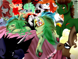 Size: 1600x1200 | Tagged: safe, artist:brainiac, derpibooru import, oc, oc:blackjack, oc:brush stroke, oc:cerise, oc:cradle, oc:piper, oc:servus, oc:servus liber, oc:type writer, oc:uncharted pages, earth pony, pegasus, pony, unicorn, fallout equestria, fallout equestria: project horizons, blanket, bronycon, burger, chest fluff, clothes, convention, cosplay, costume, devil horn (gesture), ear fluff, ears, female, floppy ears, fluffy, food, freckles, frog (hoof), hotel room, male, mare, mcdonald's, passed out, plushie, raider, serper, shoulder fluff, sleeping, stallion, sticky note, underhoof