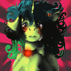 Size: 1024x1024 | Tagged: safe, artist:brainiac, derpibooru import, oc, oc:piper, pony, unicorn, abstract background, bed, blushing, bomb, bomb collar, chest fluff, collar, dramatic lighting, ear fluff, ears, female, floppy ears, frown, mare, pet play, raider, scar, shoulder fluff, slave, solo, tears of fear, teary eyes, weapon