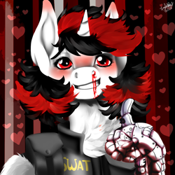 Size: 1024x1024 | Tagged: safe, artist:brainiac, derpibooru import, oc, oc:blackjack, cyborg, pony, unicorn, fallout equestria, fallout equestria: project horizons, blood, blushing, chest fluff, female, mare, nosebleed, reaction image, solo, swat, thumbs up