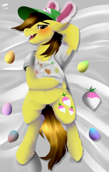 Size: 1200x1900 | Tagged: safe, artist:brainiac, derpibooru import, hayseed turnip truck, earth pony, pony, april fools, april fools joke, blushing, body pillow, body pillow design, bunny ears, clothes, ears, easter, easter egg, easter fools day, floppy ears, fluffy, hat, holiday, male, sexy, shirt, shirt lift, stallion