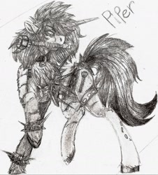 Size: 1670x1844 | Tagged: safe, artist:brainiac, derpibooru import, oc, oc:piper, unicorn, fallout equestria, bags under eyes, black and white, ears, female, floppy ears, grayscale, lead pipe, mare, monochrome, raider, raider armor, scar, solo, spikes, text, traditional art, unshorn fetlocks, weapon