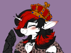 Size: 1600x1200 | Tagged: safe, artist:brainiac, derpibooru import, oc, oc:blackjack, cyborg, pony, unicorn, fallout equestria, fallout equestria: project horizons, amputee, blushing, chest fluff, collar, crown, ears, female, floppy ears, jewelry, mare, prosthetic limb, prosthetics, purple background, quadruple amputee, queen whiskey, regalia, simple background, solo