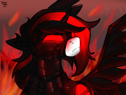 Size: 1600x1200 | Tagged: safe, artist:brainiac, derpibooru import, oc, oc:blackjack, cyborg, pony, unicorn, fallout equestria, fallout equestria: project horizons, female, fire, glowing eyes, mare, red and black oc, solo, winged unicorn