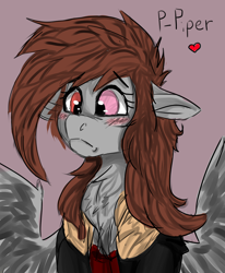 Size: 1400x1700 | Tagged: safe, artist:brainiac, derpibooru exclusive, derpibooru import, oc, oc:liftan drift, pegasus, pony, blushing, chest fluff, clothes, ears, female, floppy ears, heterochromia, mare, solo, text