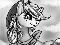 Size: 1600x1200 | Tagged: safe, artist:brainiac, derpibooru exclusive, derpibooru import, applejack, earth pony, pony, bandana, black and white, female, grayscale, handkerchief, hat, mare, monochrome, sketch, smiling, solo